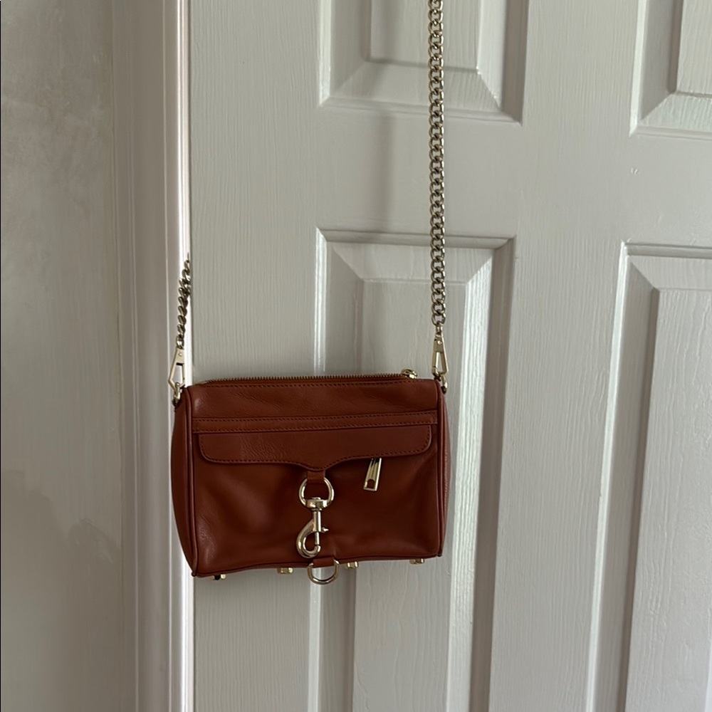 Rebecca Minkoff Chestnut Brown Leather Julian Crossbody with Gold Chain